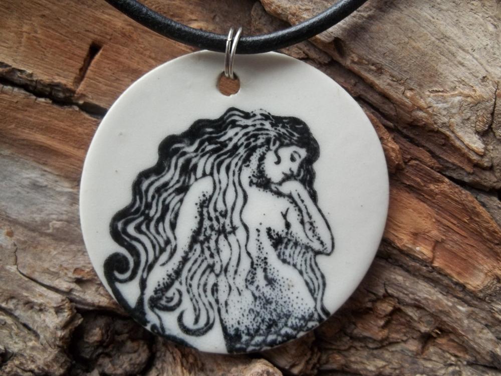 Mermaid stoneware clay ceramic pendant necklace
