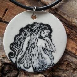 Mermaid stoneware clay ceramic pendant necklace