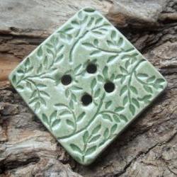 Oversized Ceramic Button soft mint green with large leaves
