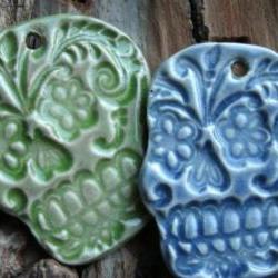Green Sugar Skull pendant stoneware