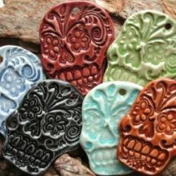Green Sugar Skull Cabochon stoneware